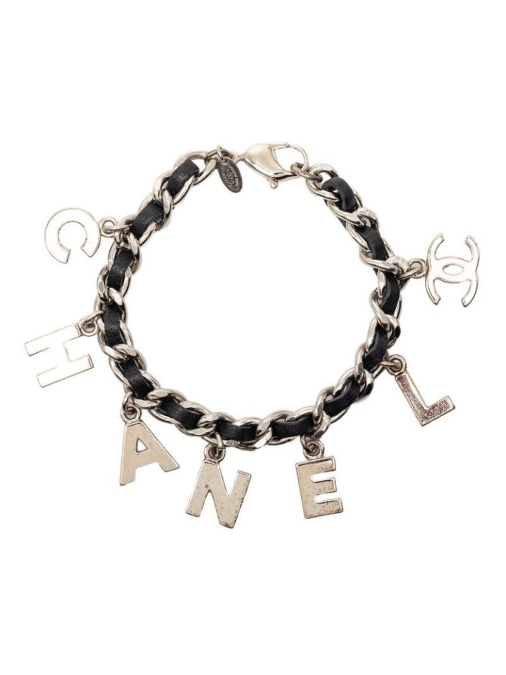 Chanel CC Logo Bracelet Silver Black Metal Leather - Picture 1 of 5